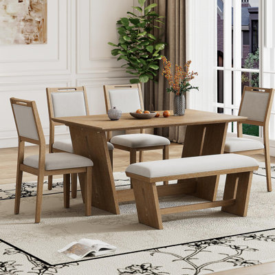 Ensemble de table de salle à manger 6 pièces pour 6 personnes, table de cuisine en bois de 60 po et 4 chaises avec banc et base en tréteaux pour la cuisine et la salle à manger (bois naturel délavé)