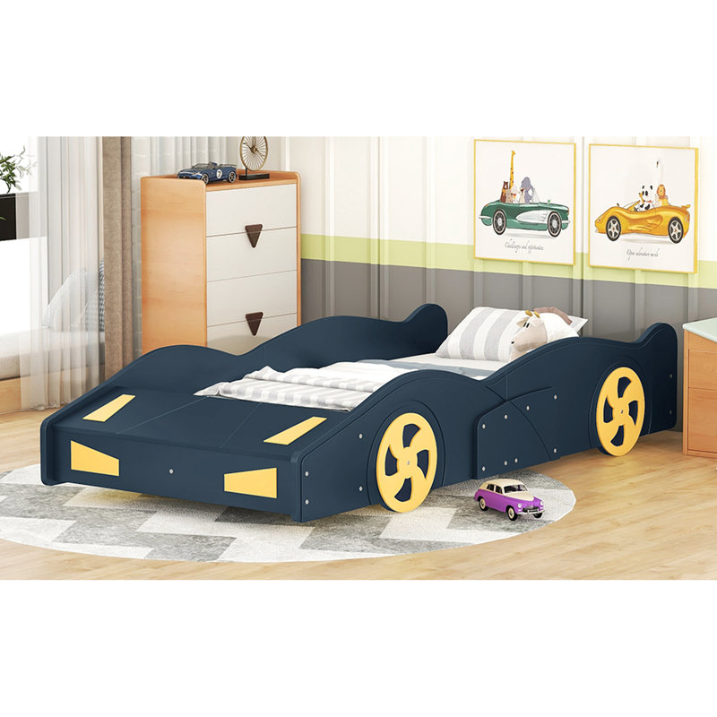 Lit de course simple bleu foncé et jaune en forme de voiture de course avec rangement et construction en bois massif pour le rangement dans la chambre à coucher, construction en pin, aucun sommier requis