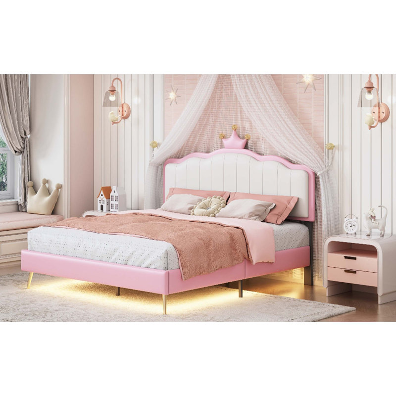 Lit plateforme tapissier avec bandes claires, Lit double