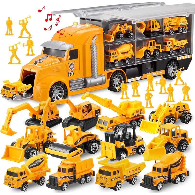 25 jouets de construction 25 en 1 moulés sous pression, camion de transport de voiture avec sons et lumières, grands cadeaux d'anniversaire de Noël pour les tout-petits, garçons et filles