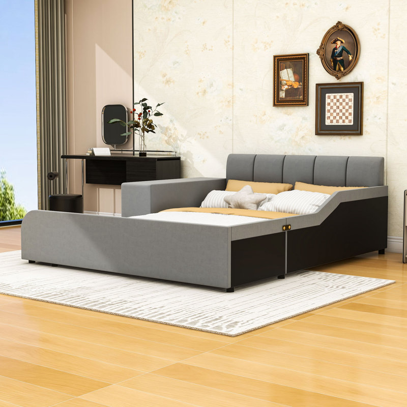 Lit plateforme tapissier luxueux en velours avec bureau, tabouret rond et rails de sécurité, Double, Gray