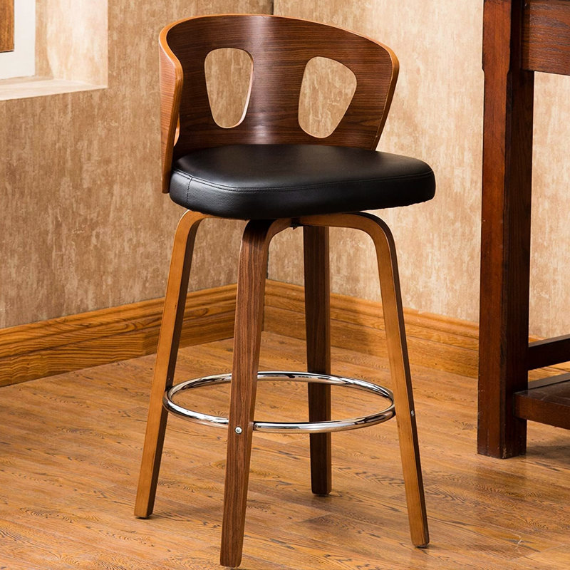 Siège pivotant de 26 pouces de style Mid-Century moderne, similicuir noir, dossier noyer, repose-pieds, idéal pour les espaces de cuisine