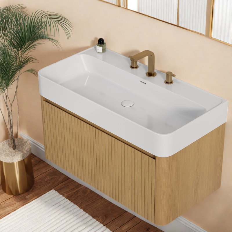 Meuble-lavabo flottant et évier, contreplaqué, rangement de salle de bain moderne, 35"