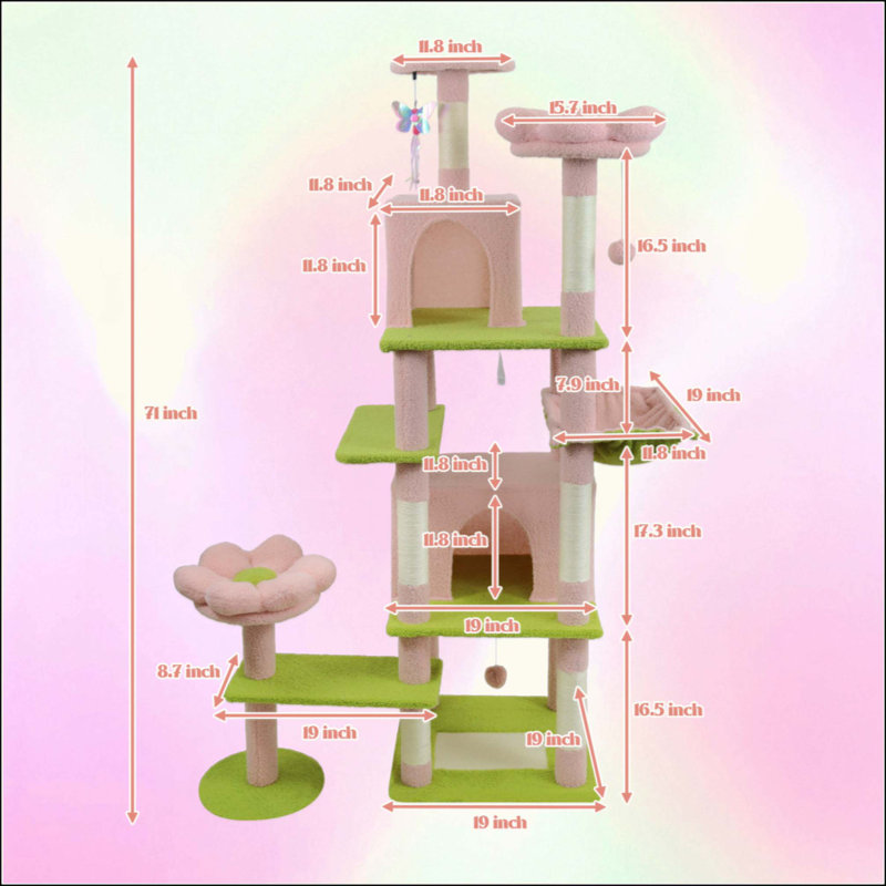 Arbre à chat 71 po avec poteau à griffes amovible, Rose / Vert