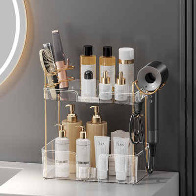 Organisateur de comptoir de salle de bain à 2 niveaux avec support pour sèche-cheveux - Tablette de rangement pour les soins de la peau et le maquillage pour plateau de coiffeuse - Fabrication en acier allié durable et plastique PET