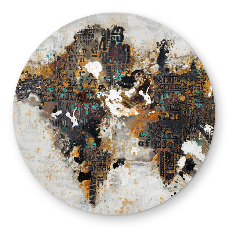 Abstract World Map Typography Beige Round Outdoor Rug | Decor