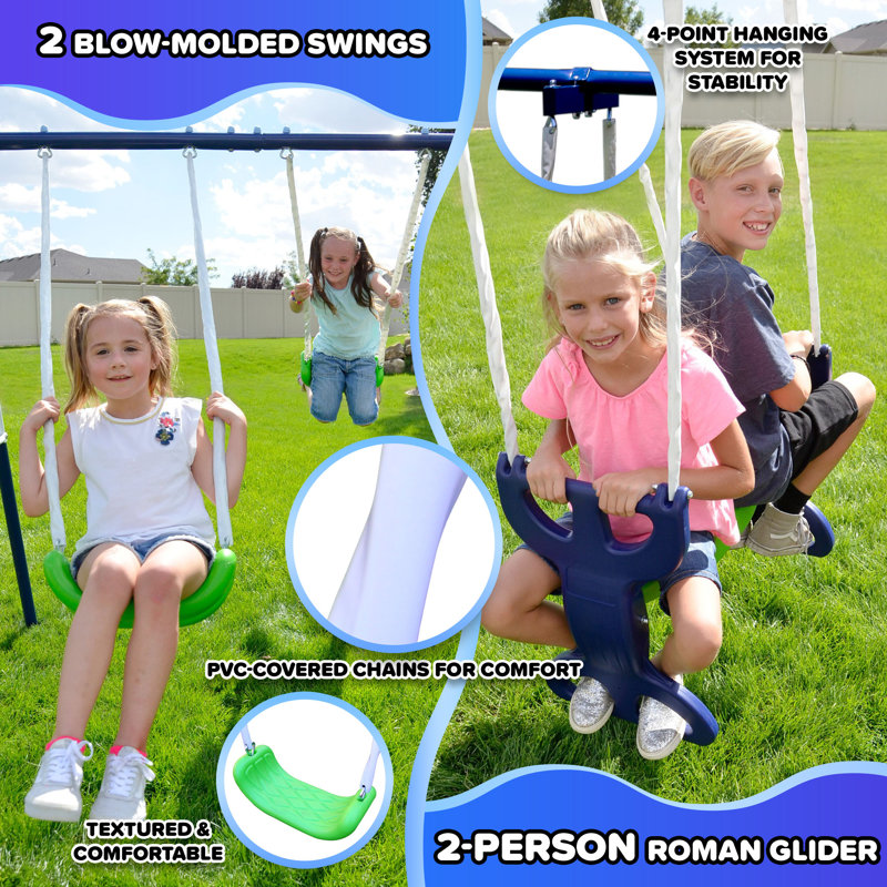 Blue Metal Outdoor Swing and Slide Set with Glider