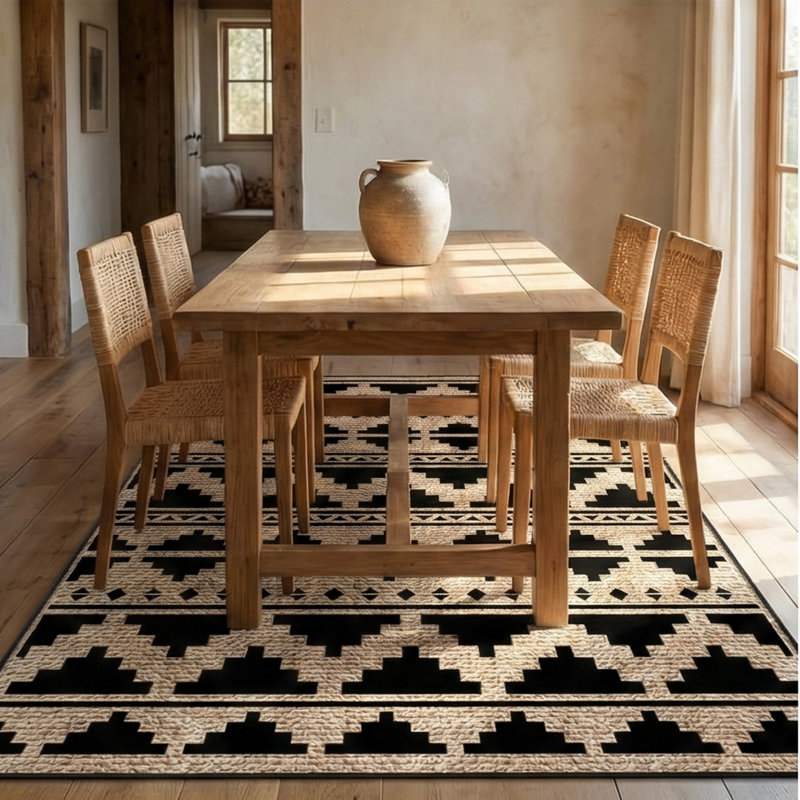 Tribal Geometric Motif Black & Beige Washable Chevron Indoor Area Rug