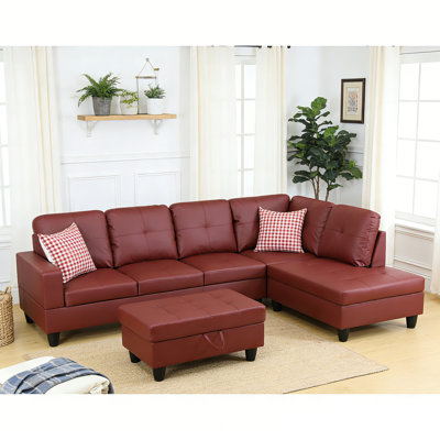 L Shaped Couch Sectional Couches With Chaise And Storage Ottoman, 3 Pieces Modular Convertible Sofa For Living Room Furniture Sets And Small Apartment Faux Leather, Ruby