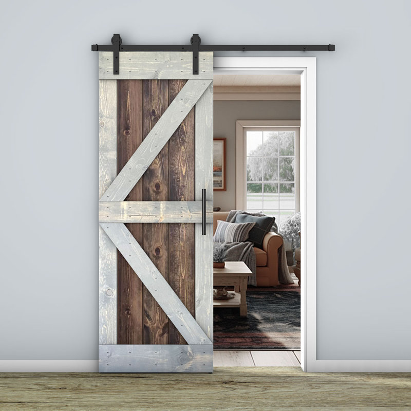 Porte de grange lambrissée peinte en bois et en métal, 30 po x 84 po, Noyer / gris