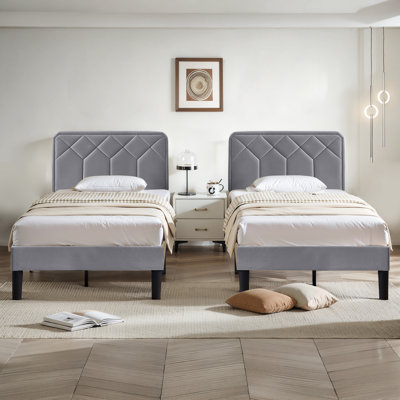 Aldora (Set of 2) Gray Twin Size Upholstered Platform Bed Frame with Adjustable Headboard, No Box Spring Needed