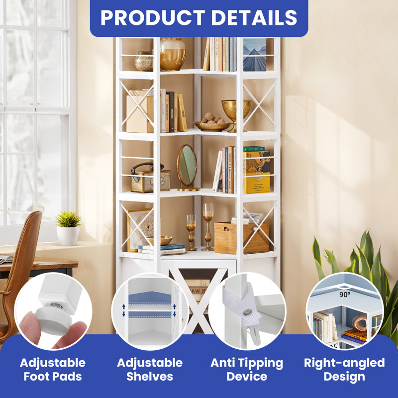 White 7-Tier Corner Bookshelf with Doors and Storage
