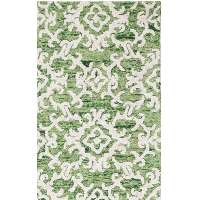 Tapis vert / blanc en laine touffeté à la main Arieah, Rectangulaire 3 pi x 5 pi