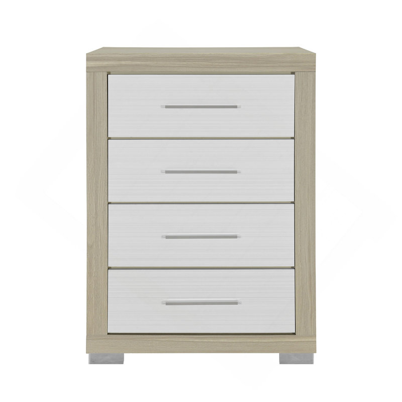 Commode verticale avec panneaux rayés et poignées minimalistes, Naturel / Blanc
