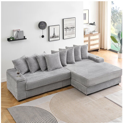 Canapé de 111,4 po en velours côtelé gris avec porte-gobelet et rangement, fauteuil inclinable réglable, convient au salon et à la chambre à coucher
