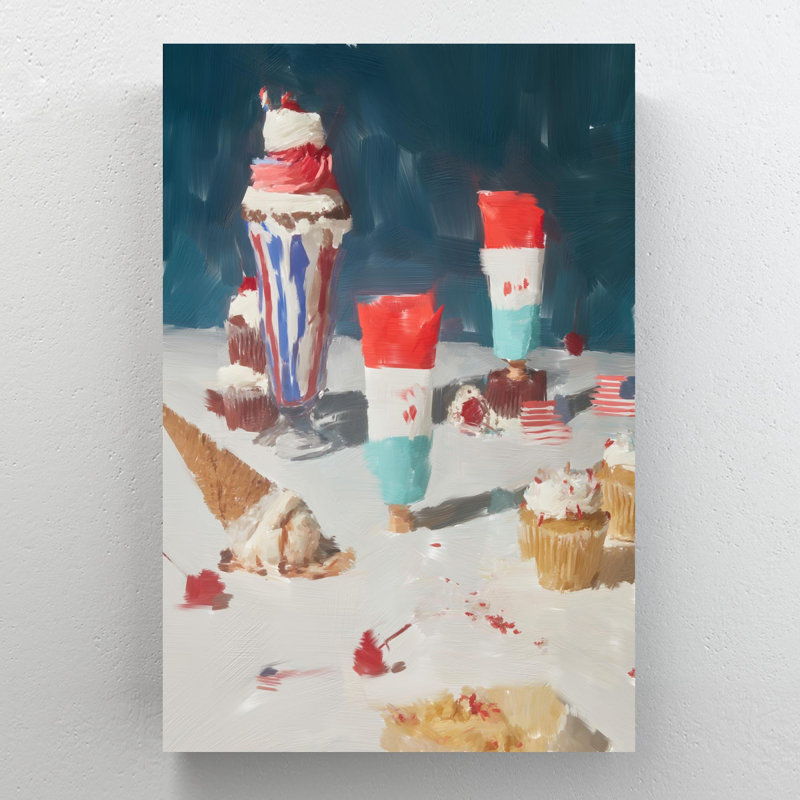 Ice Cream Cone With Cone And Ice Cream On Table - 1 Piece Rectangle Graphic Art Print On Wrapped Canvas, 14" H x 11" W
