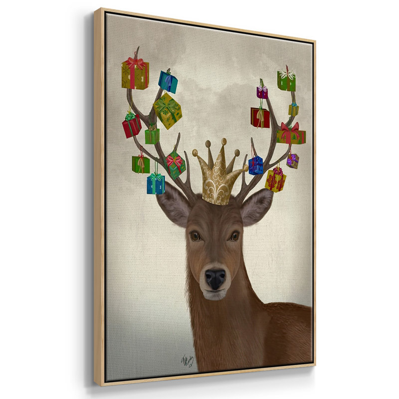 Cerf portant un cadeau de Noël, H 25 po x l 17 po x P 1,5 po, Naturel