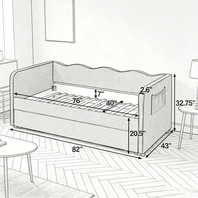 Upholstered 3‑in‑1 Versatile Convertible Daybed with Pull‑Out Trundle & Side Storage Pockets, Cyan, Twin