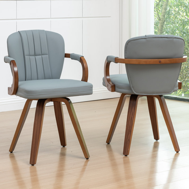 Mid Century Modern Leather Upholstered Swivel Dining Chairs With Arms, Blue