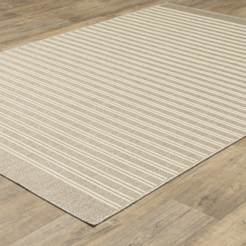 Tavraj Modern Linear Pinstripe Beige / Ivory Indoor/Outdoor Rug, Rectangle 7'10" x 10'