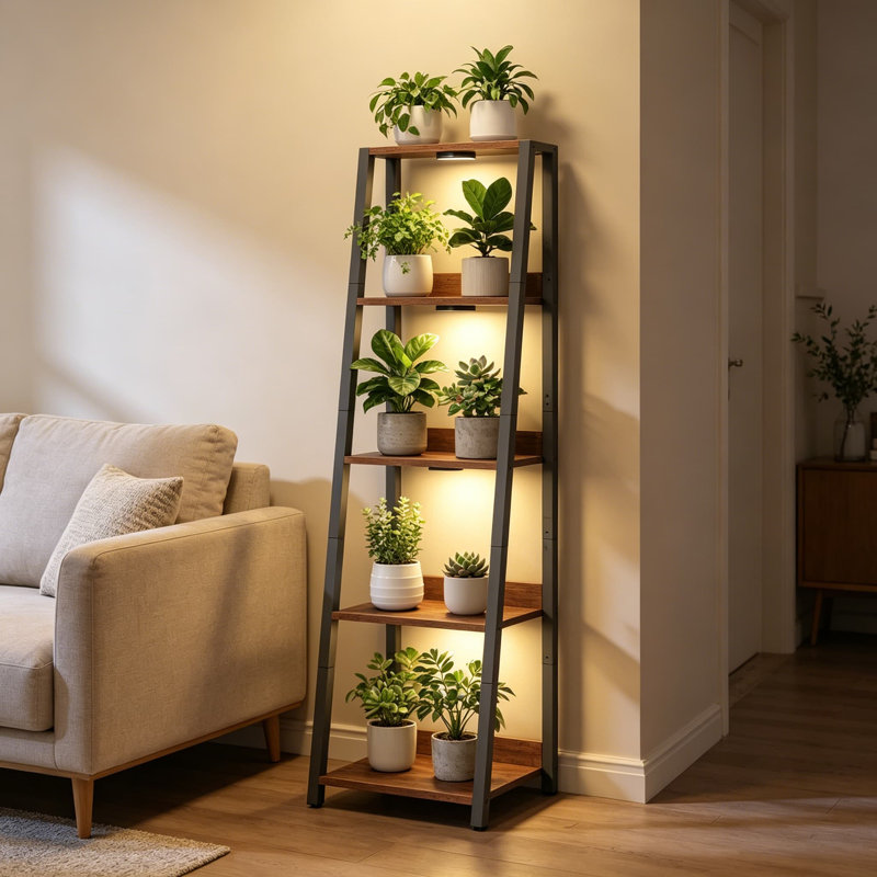 Support pour plante avec lumière de croissance, étagère à 5 niveaux pour plantes d'intérieur, DEL à spectre complet à minuterie contrôlée, bords surélevés pour plus de stabilité, brun rustique et noir