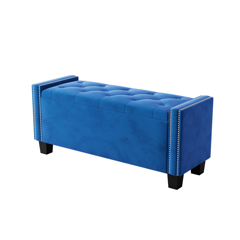 Upholstered Velvet Storage Ottoman Bench for Bedroom, End of Bed Bench with Rivet Design, Tufted Foot Rest Stool,Blue, Blue