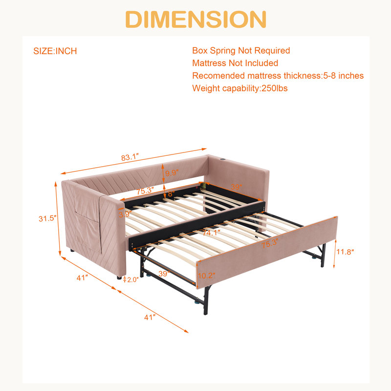 Twin Size Upholstered Daybed With Trundle,USB Port ,Side Pockets, Modern V-Grained Backrest Design,No Box Spring Needed, For Bedroom, Guest Room