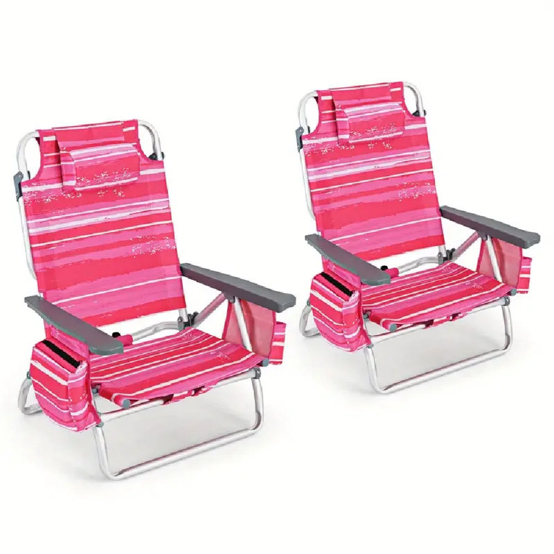 2-Pack Folding Backpack Beach Chair 5-Position Outdoor Reclining Chairs With Pillow Dark Pink