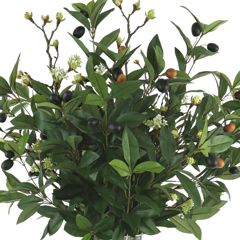 Olive Branches mixed with Blossoms Arranged in Glass Vase