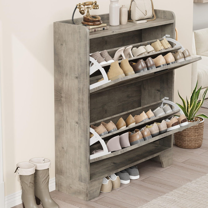 Farmhouse-Style Slim Shoe Cabinet – 2 Flip-Drawer Entryway Organizer with Adjustable Shelves & Hooks, Gray