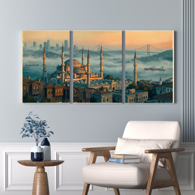 Istanbul Mosque And Cityscape Canvas Wrapped Wall Art Oil Painting Print Set Of 3