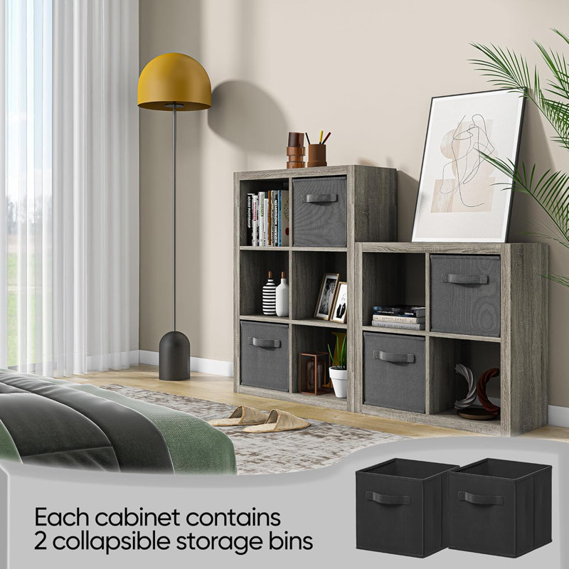 Bookshelf with Storage Bins, 8-Cube Storage Organizer Wooden Bookcase Open Book Shelf, Grey Oak
