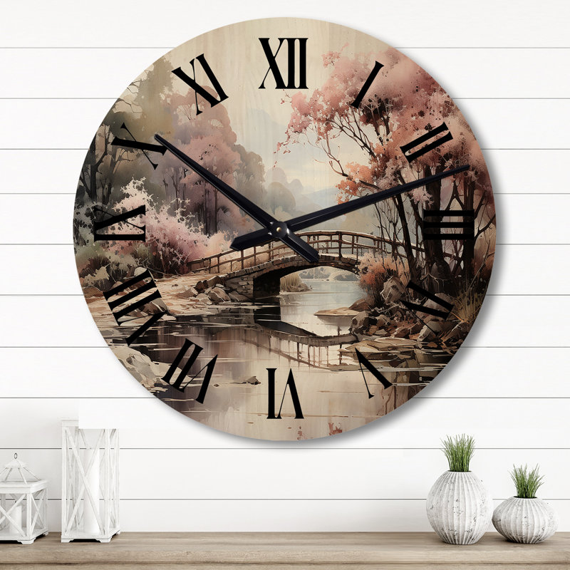 Horloge murale surdimensionnée en bois Pink Bridge Misty Morning Passage, Grand