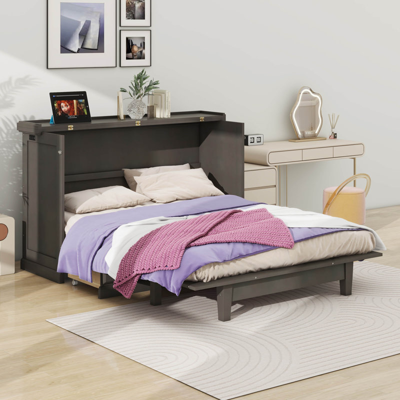 Armoire-lit escamotable avec commode et grand tiroir de rangement Murphy, gris, Queen
