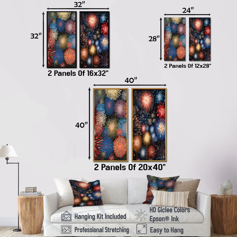 Spectacle de feux d'artifice colorés - ensemble d'art mural sur toile 2 pièces, Cadre noir, H 32 po x l 33 po