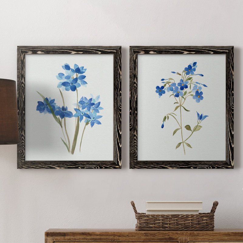 «Blue Blossom Botanical I», ensemble de 2 peintures sur toile encadrées, Noir, H 31,5 po x l 43,5 po x P 1 po