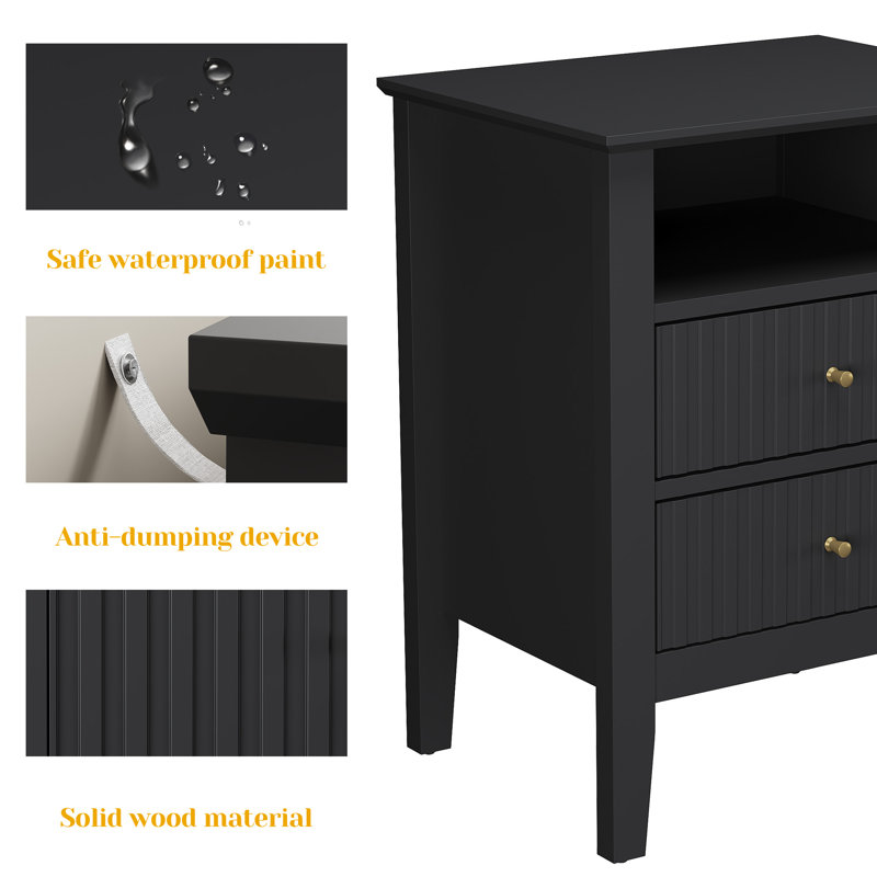 Amberrae 2 Drawer Nightstand, Black without charge station