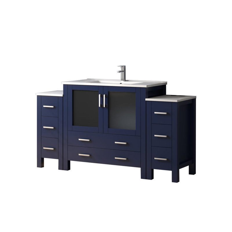 Volez 60 in W x 18.25 in D Single Bath Vanity with Side Cabinets, White Ceramic Top and Chrome Faucet Set, Navy Blue