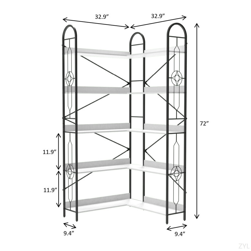 5-Tier Multifunctional Corner Bookcase with Open Shelving for Home Storage, Ivory White, (5 Shelves) 72" H x 32.9" W x 9.4" D