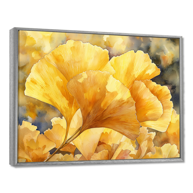 «Ilselore Golden Ginkgo Leaf II» - feuilles, art mural, H 34 po x l 44 po, Impression encadrée flottante, Argent argent