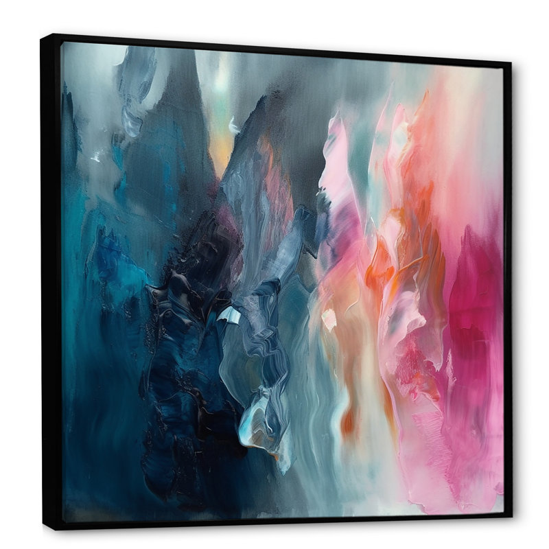 «Desyree Blue and Pink Spatula Abstract», art mural abstrait, L 30 po x H 30 po, Cadre flottant noir