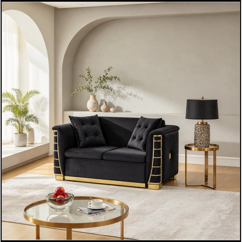 Causeuse en velours capitonnée avec coussins et pieds en métal, Black