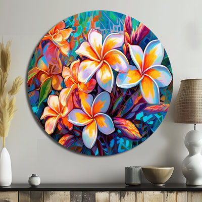 Plumeria tropical tropical coloré - art floral rond en métal
