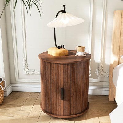 Mid Century Modern Cylinder Side Table, Built - In Charging Station, 2 Tier Storage, Walnut Finish, For Bedroom, Living Room, Entryway, Ac Outlets, Ports, Scratch Surface, Soft Closing Mechanism End