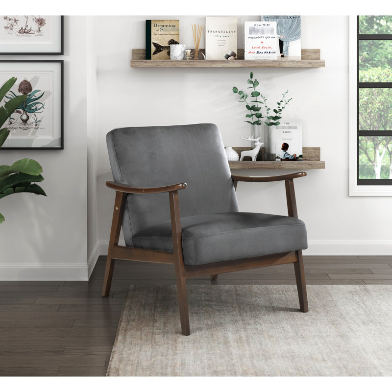 Chaise d'appoint avec revêtement en velours gris foncé, attrait moderne de style Mid-Century, base en bois massif, structure, attrait classique