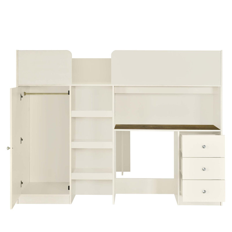 Lit mezzanine en bois avec garde-robe intégré, bureau, tablettes et tiroirs de rangement, beige