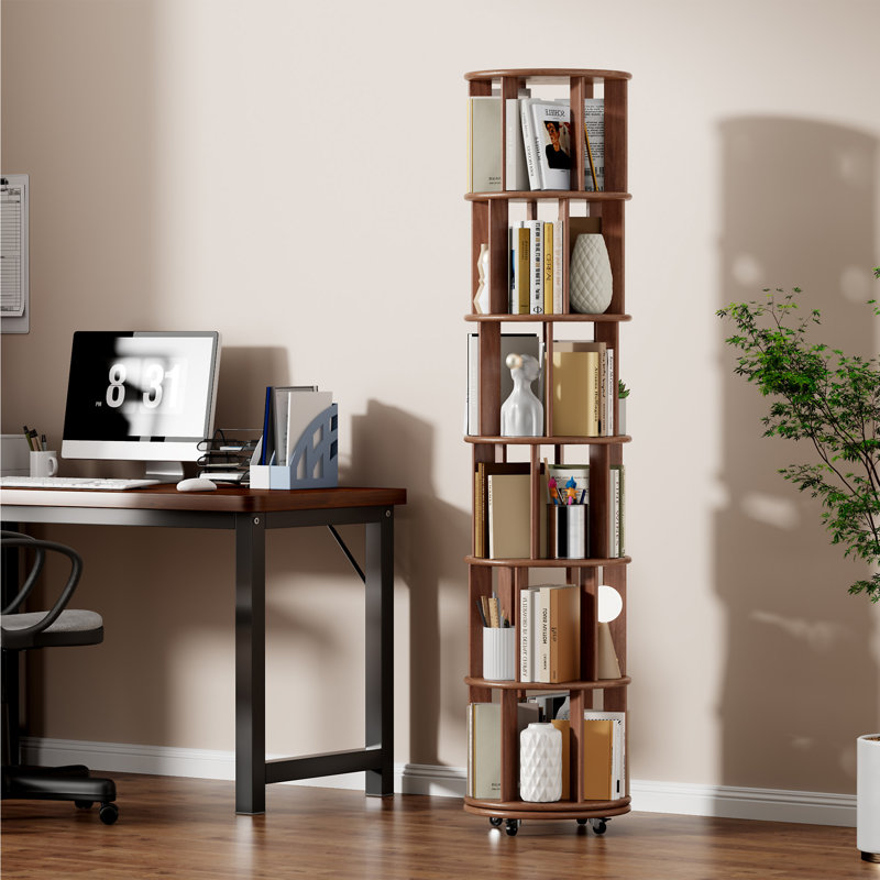Bibliothèque rotative 100% bois massif sur roulettes, (6 tablettes) H 77,3 po x l 17,3 po x P 17,3 po