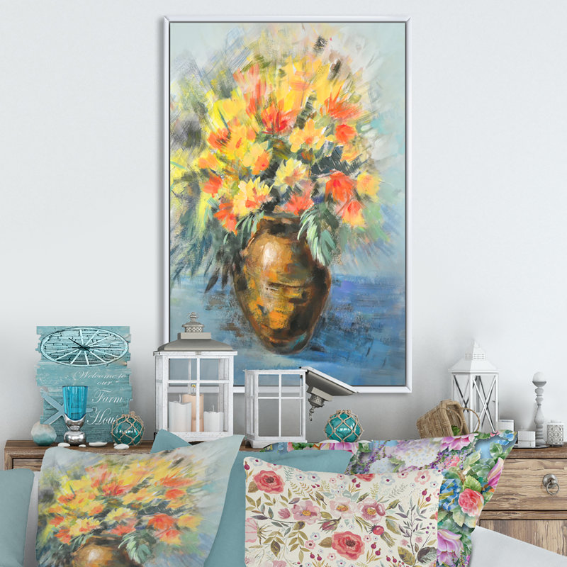 Fleurs d'été jaunes et oranges - art mural traditionnel sur toile, L 16 po x H 32 po x P 1,5 po