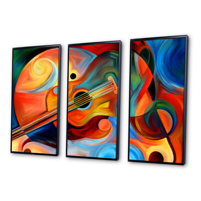 Musique et rythme - Ensemble de 3 reproductions d'art encadrées abstraites sur toile, H 20 po x l 36 po, Noir