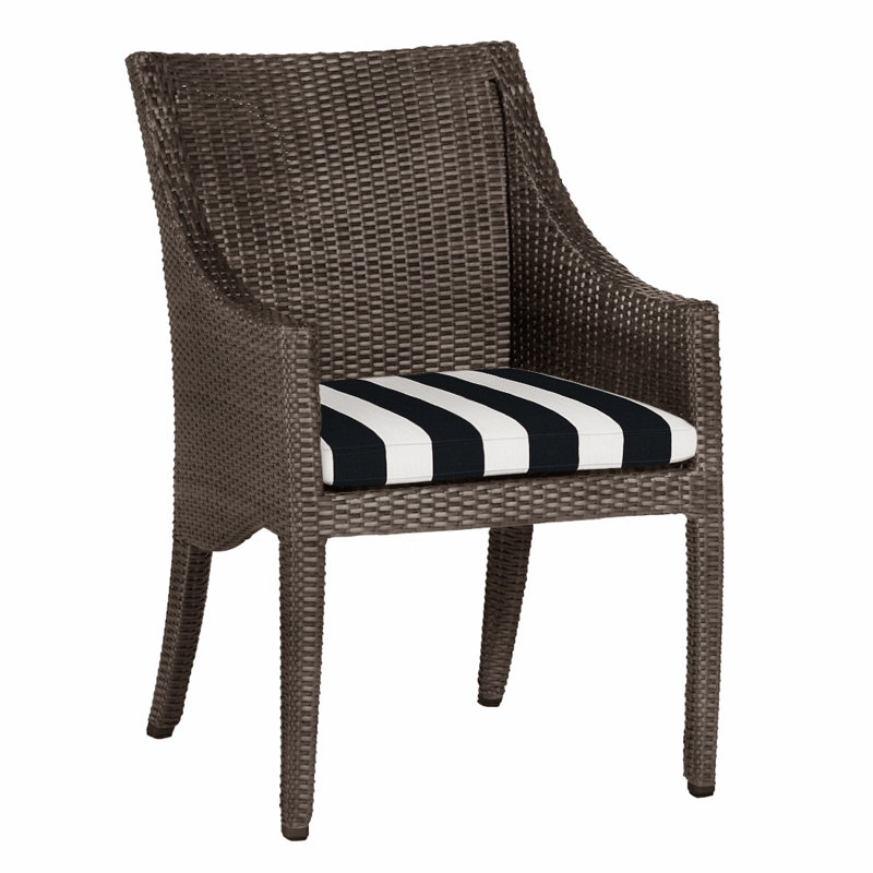 Athena Wicker/Rattan Patio Dining Armchair, Black Walnut, Welt, Cabana Stripe Midnight